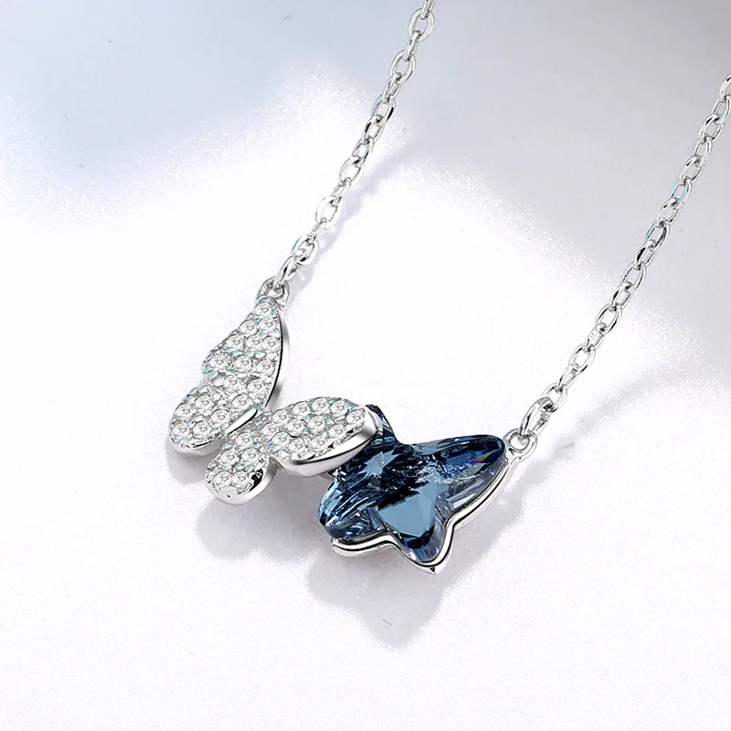Silver Necklace Ladies Elegant Chain Necklace Fashion Blue Butterfly Shape Sterling Silver Jewelry Round Necklace