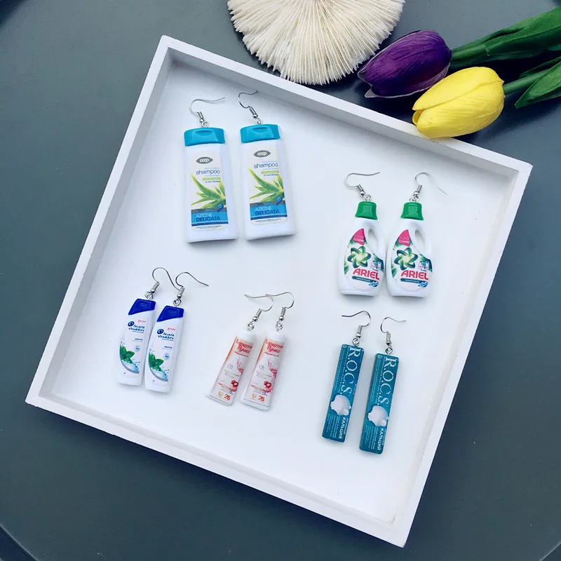 Women Earring Made Cute Girls Eardrop Funny Gift Sweet Handmade Cartoons Mini Fruit Drink Ham Sausage Toothpaste Shampoo