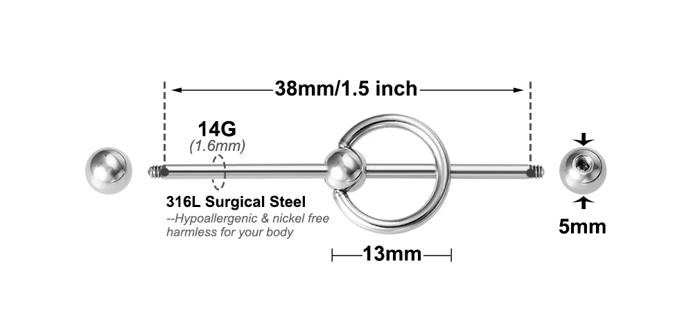 1PC New 38mm Surgical Steel Industrial Barbell Helix Cartilage Earring Unisex Industrial Piercing CBR Body Piercing Jewelry 14G