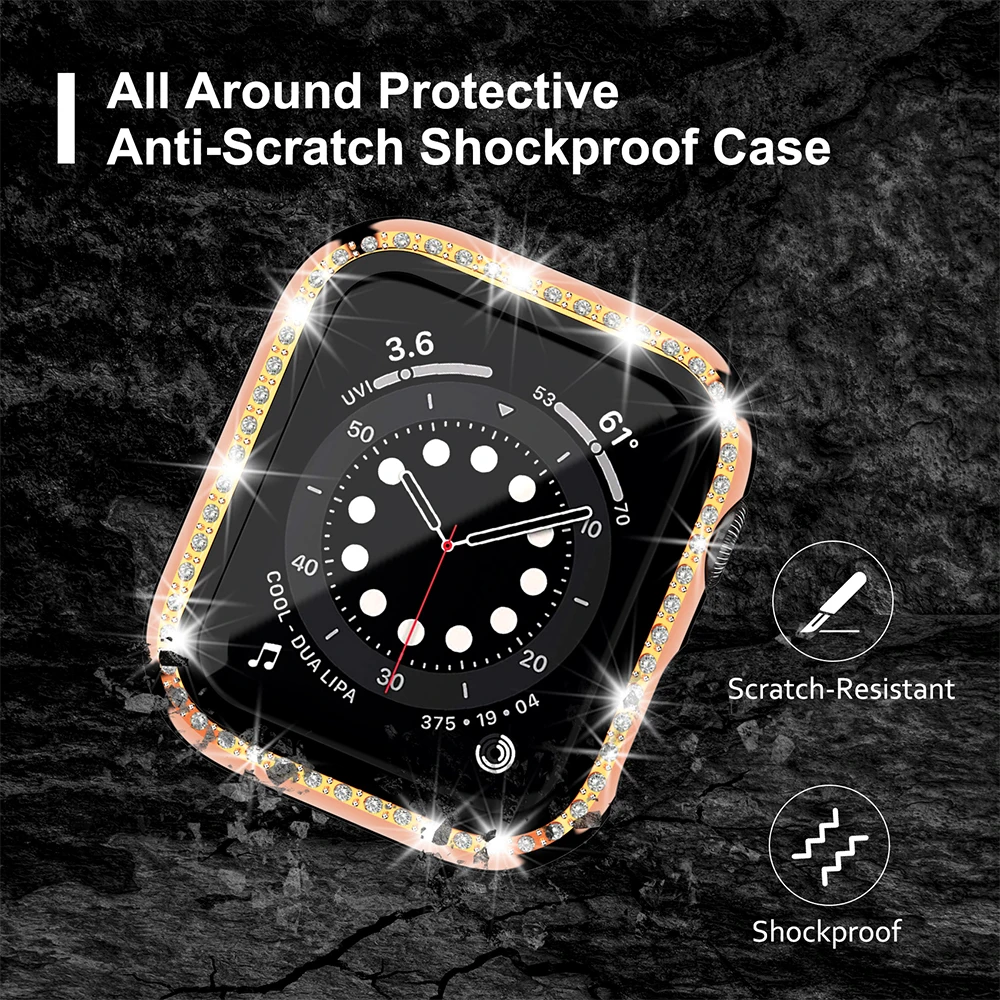 Glass+Watch Cover for Apple Watch 45mm 41mm 40mm 44mm Bling Case Diamond Bumper Protector for iWatch 11 10 9 8 7 6