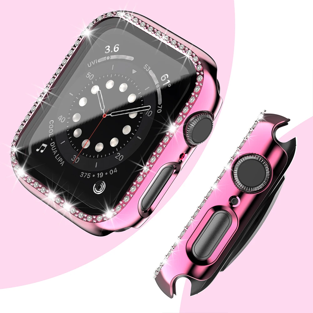 Glass+Watch Cover for Apple Watch 45mm 41mm 40mm 44mm Bling Case Diamond Bumper Protector for iWatch 11 10 9 8 7 6