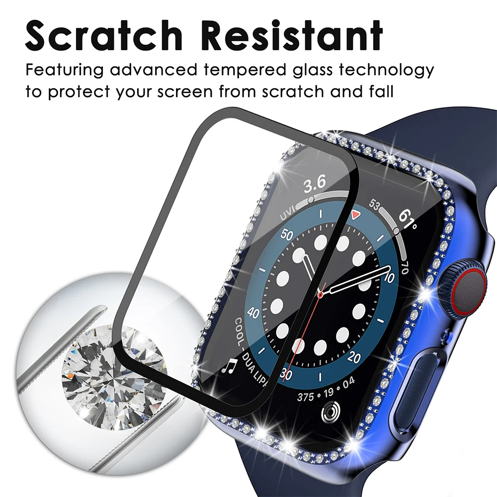 Glass+Watch Cover for Apple Watch 45mm 41mm 40mm 44mm Bling Case Diamond Bumper Protector for iWatch 11 10 9 8 7 6