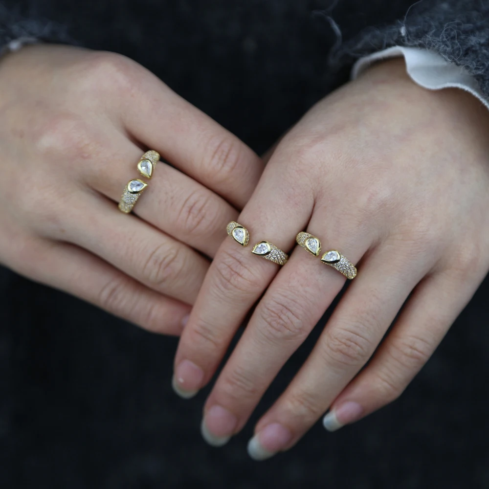 CZ Open Adjust Finger Ring For Women Girl Rose Gold Color Micro Pave White Tear Drop Cubic Zirconia Rings
