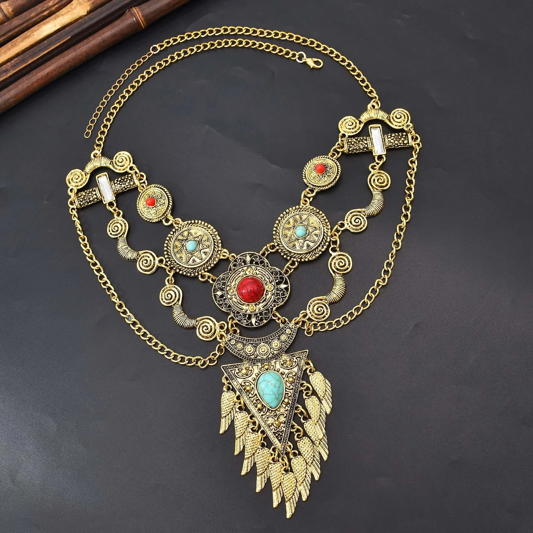 Bohemian Collier Femme Tassel Maxi Coin Neck Chain Turkish Green Stone Pendant Women Bib Collar Statement Necklac Gypsy Jewelry