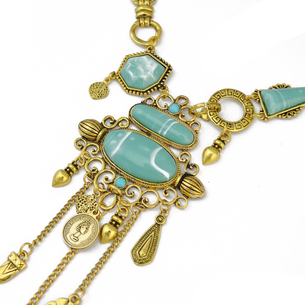 Bohemian Collier Femme Tassel Maxi Coin Neck Chain Turkish Green Stone Pendant Women Bib Collar Statement Necklac Gypsy Jewelry