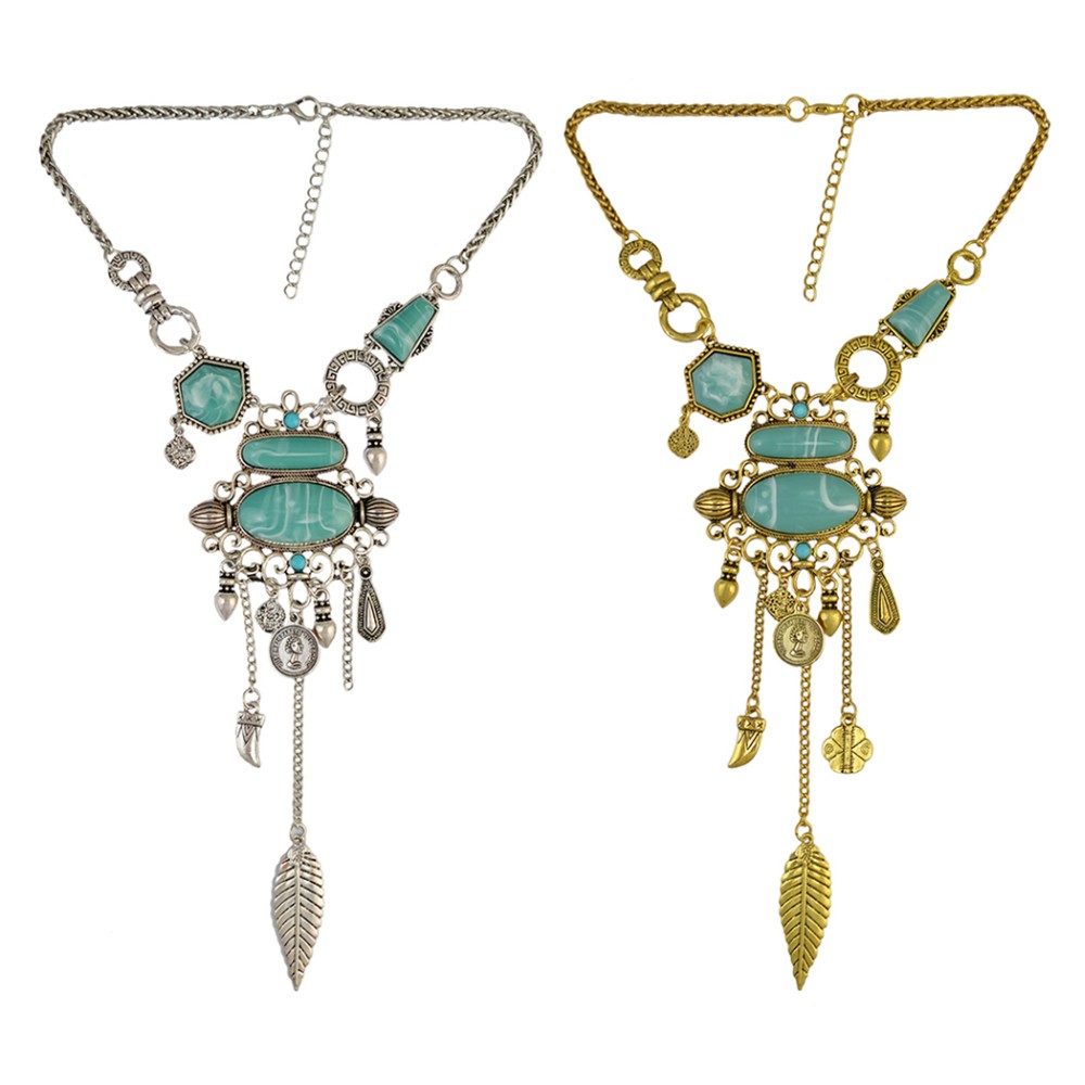 Bohemian Collier Femme Tassel Maxi Coin Neck Chain Turkish Green Stone Pendant Women Bib Collar Statement Necklac Gypsy Jewelry