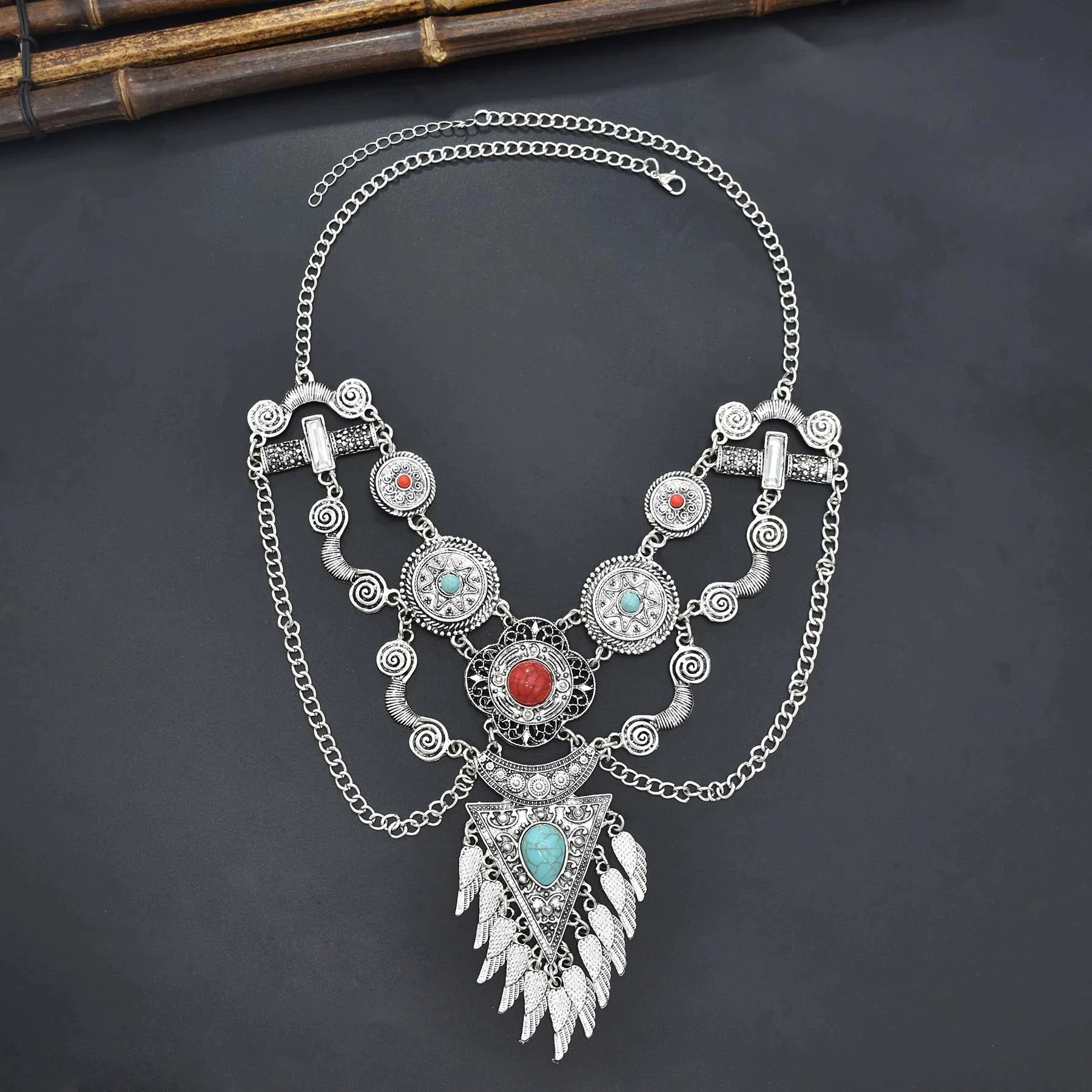 Bohemian Collier Femme Tassel Maxi Coin Neck Chain Turkish Green Stone Pendant Women Bib Collar Statement Necklac Gypsy Jewelry