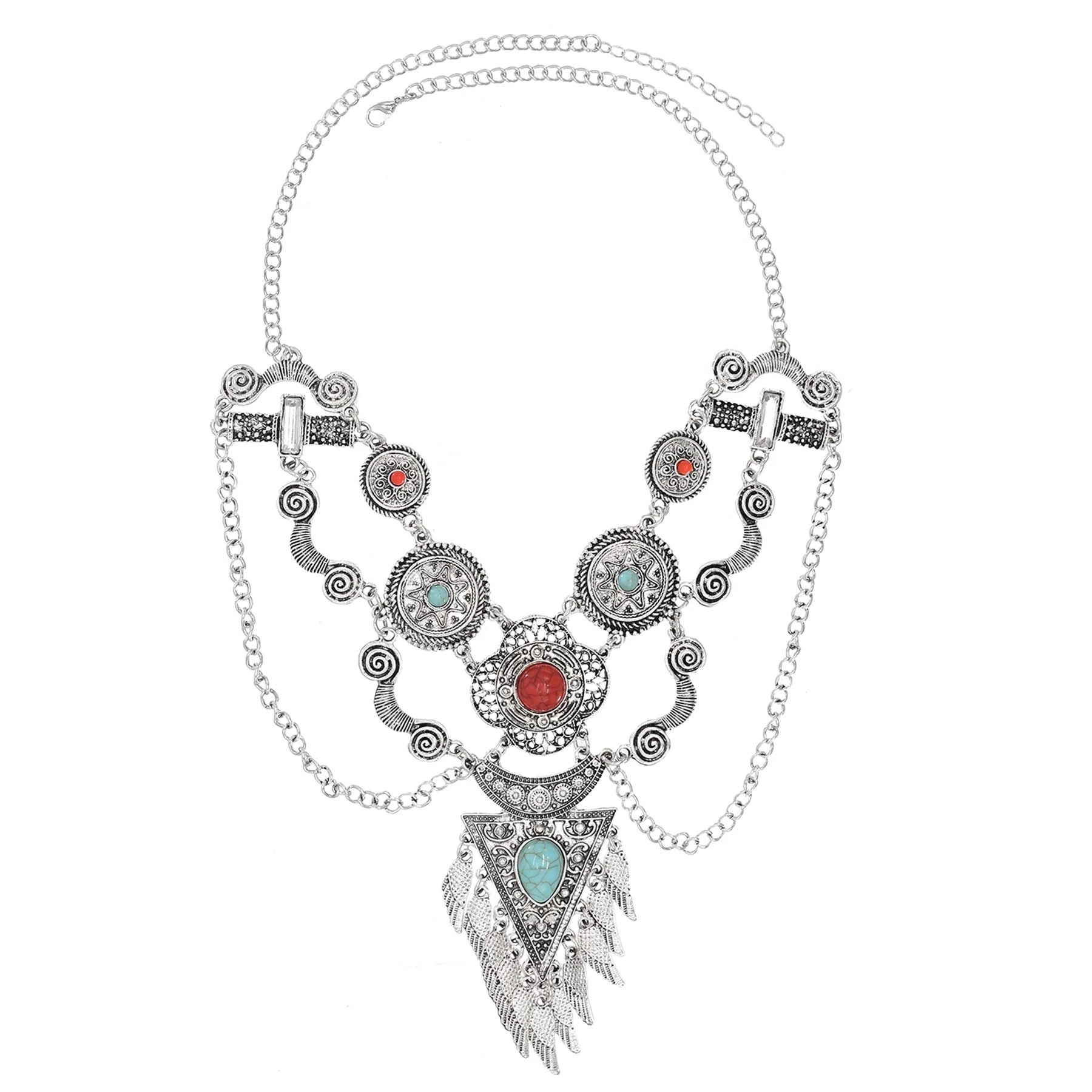 Bohemian Collier Femme Tassel Maxi Coin Neck Chain Turkish Green Stone Pendant Women Bib Collar Statement Necklac Gypsy Jewelry