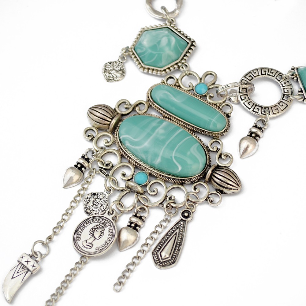 Bohemian Collier Femme Tassel Maxi Coin Neck Chain Turkish Green Stone Pendant Women Bib Collar Statement Necklac Gypsy Jewelry