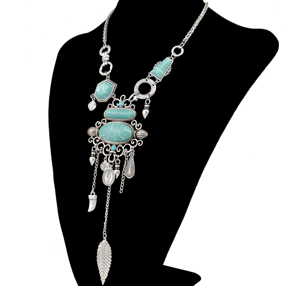 Bohemian Collier Femme Tassel Maxi Coin Neck Chain Turkish Green Stone Pendant Women Bib Collar Statement Necklac Gypsy Jewelry