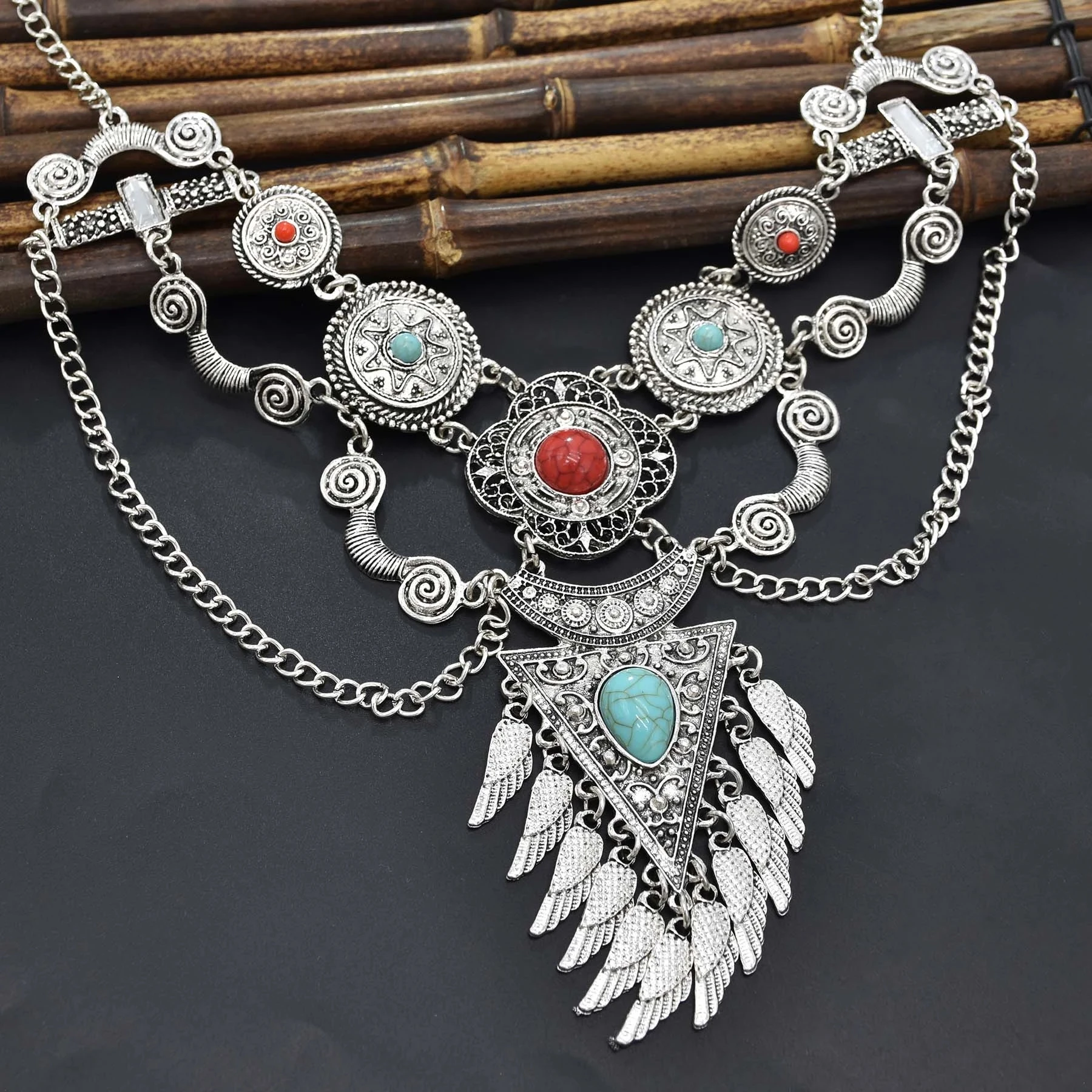 Bohemian Collier Femme Tassel Maxi Coin Neck Chain Turkish Green Stone Pendant Women Bib Collar Statement Necklac Gypsy Jewelry