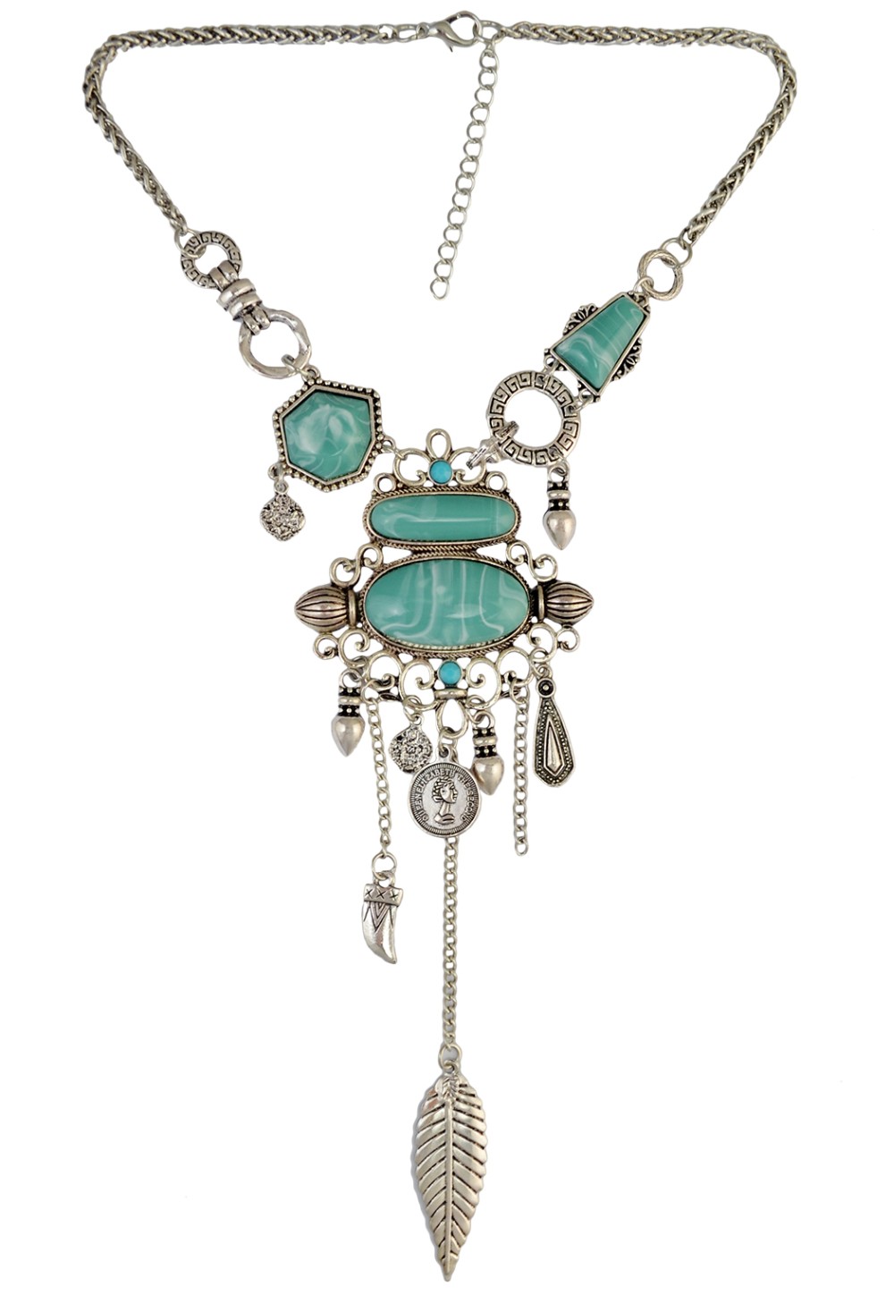 Bohemian Collier Femme Tassel Maxi Coin Neck Chain Turkish Green Stone Pendant Women Bib Collar Statement Necklac Gypsy Jewelry