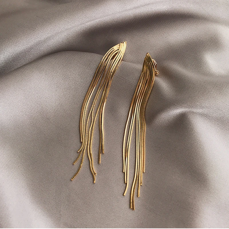 Vintage Long Metal Chain Tassel Clip on Earrings 2023 Bohemian Geometric Without Piercing Ear Clips for Women Party Jewelry Gift