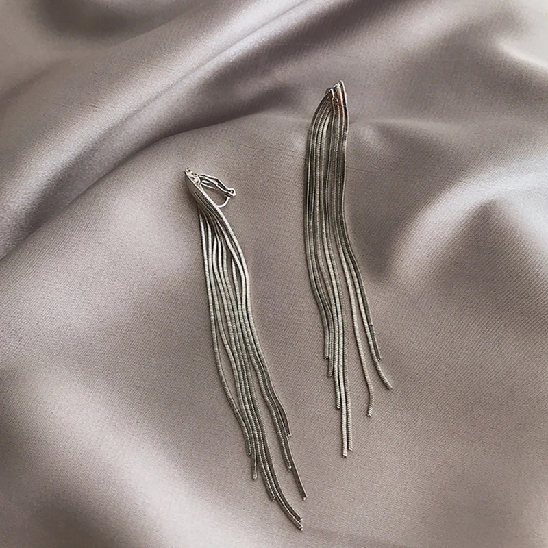 Vintage Long Metal Chain Tassel Clip on Earrings 2023 Bohemian Geometric Without Piercing Ear Clips for Women Party Jewelry Gift