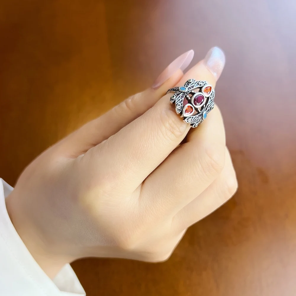 Ring Colourful Dragonfly,Handcrafted Women Fine Jewerly Summer Brand New 925 Sterling Silver Bohemia Happy Gift