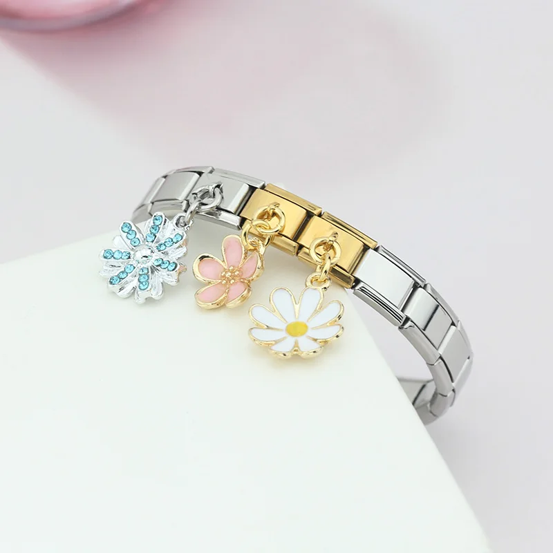 Hapiship Original Daisy Fashion Flower Dazzling CZ Italian Links Charm Fit 9mm Stainless Steel Bracelet Jewelry DIY Making DJ390