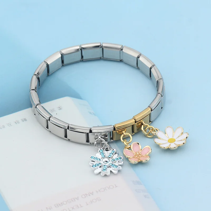 Hapiship Original Daisy Fashion Flower Dazzling CZ Italian Links Charm Fit 9mm Stainless Steel Bracelet Jewelry DIY Making DJ390