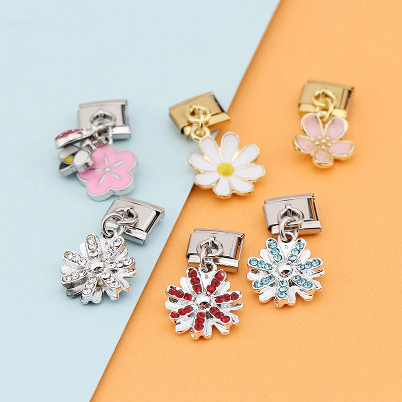 Hapiship Original Daisy Fashion Flower Dazzling CZ Italian Links Charm Fit 9mm Stainless Steel Bracelet Jewelry DIY Making DJ390