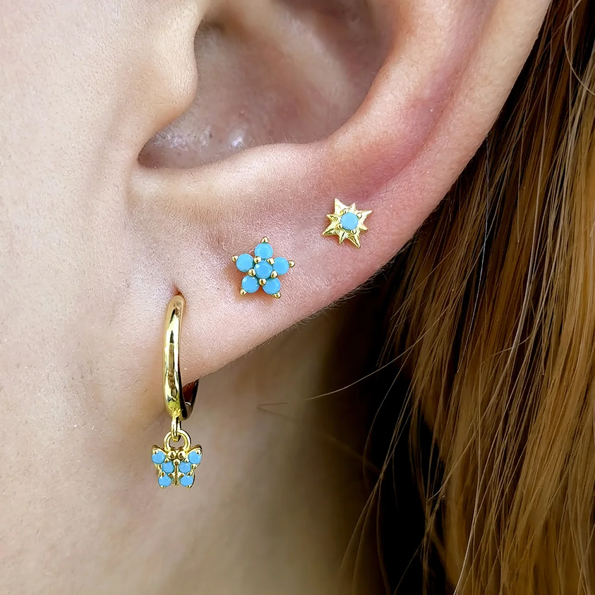 925 Sterling Silver Needle Fashion Turquoise Color Water Drop Pendant Earrings Small Hoop Earrings for Women Luxury Jewelry Gift