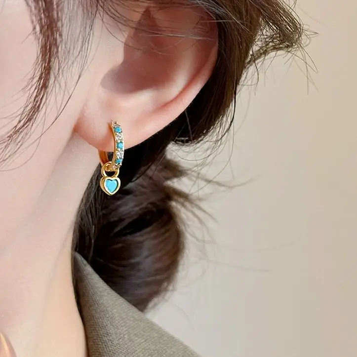 925 Sterling Silver Needle Fashion Turquoise Color Water Drop Pendant Earrings Small Hoop Earrings for Women Luxury Jewelry Gift