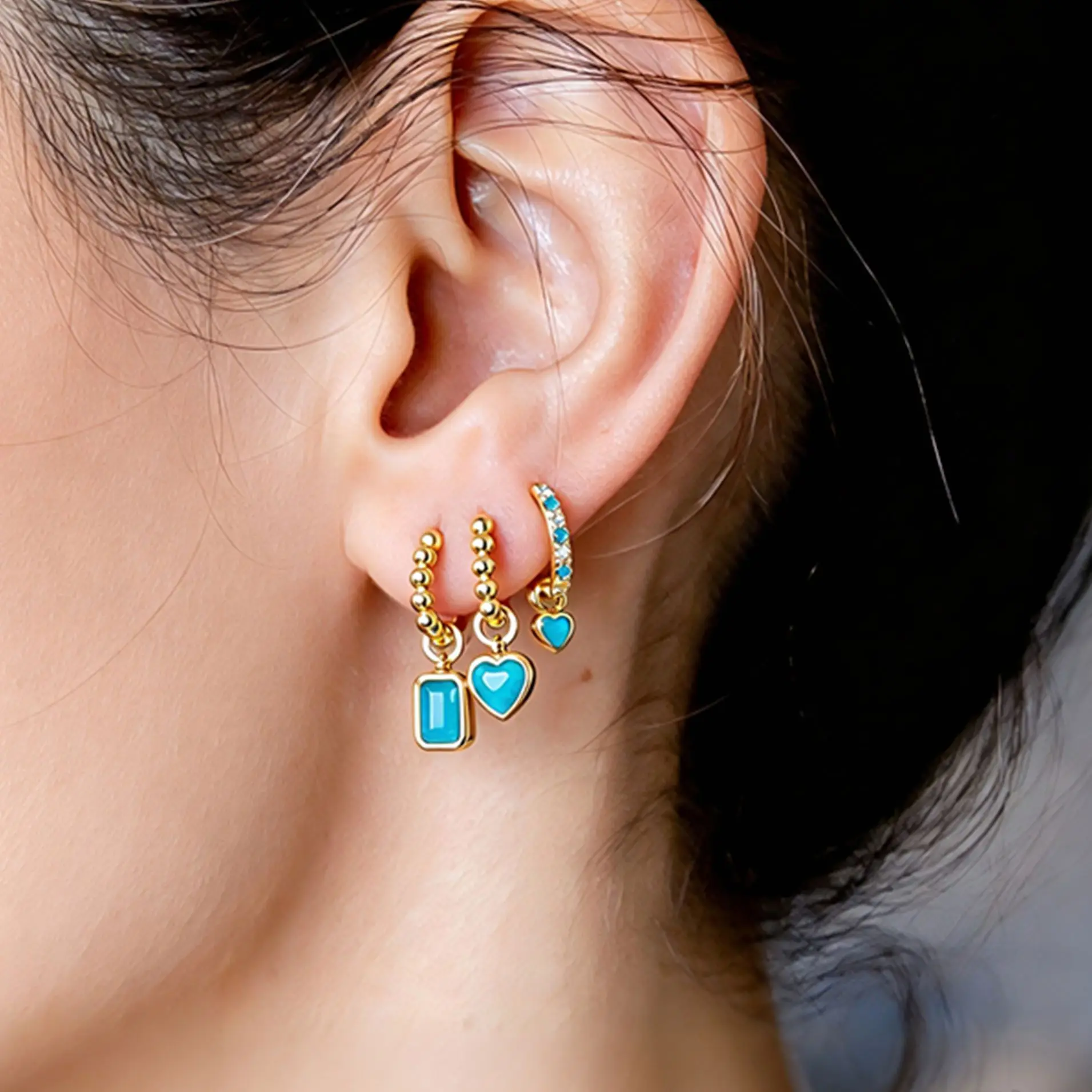 925 Sterling Silver Needle Fashion Turquoise Color Water Drop Pendant Earrings Small Hoop Earrings for Women Luxury Jewelry Gift