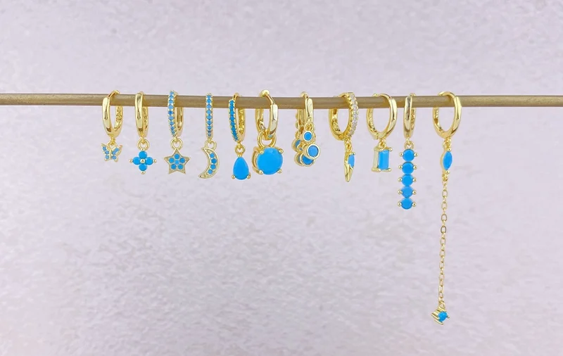 925 Sterling Silver Needle Fashion Turquoise Color Water Drop Pendant Earrings Small Hoop Earrings for Women Luxury Jewelry Gift