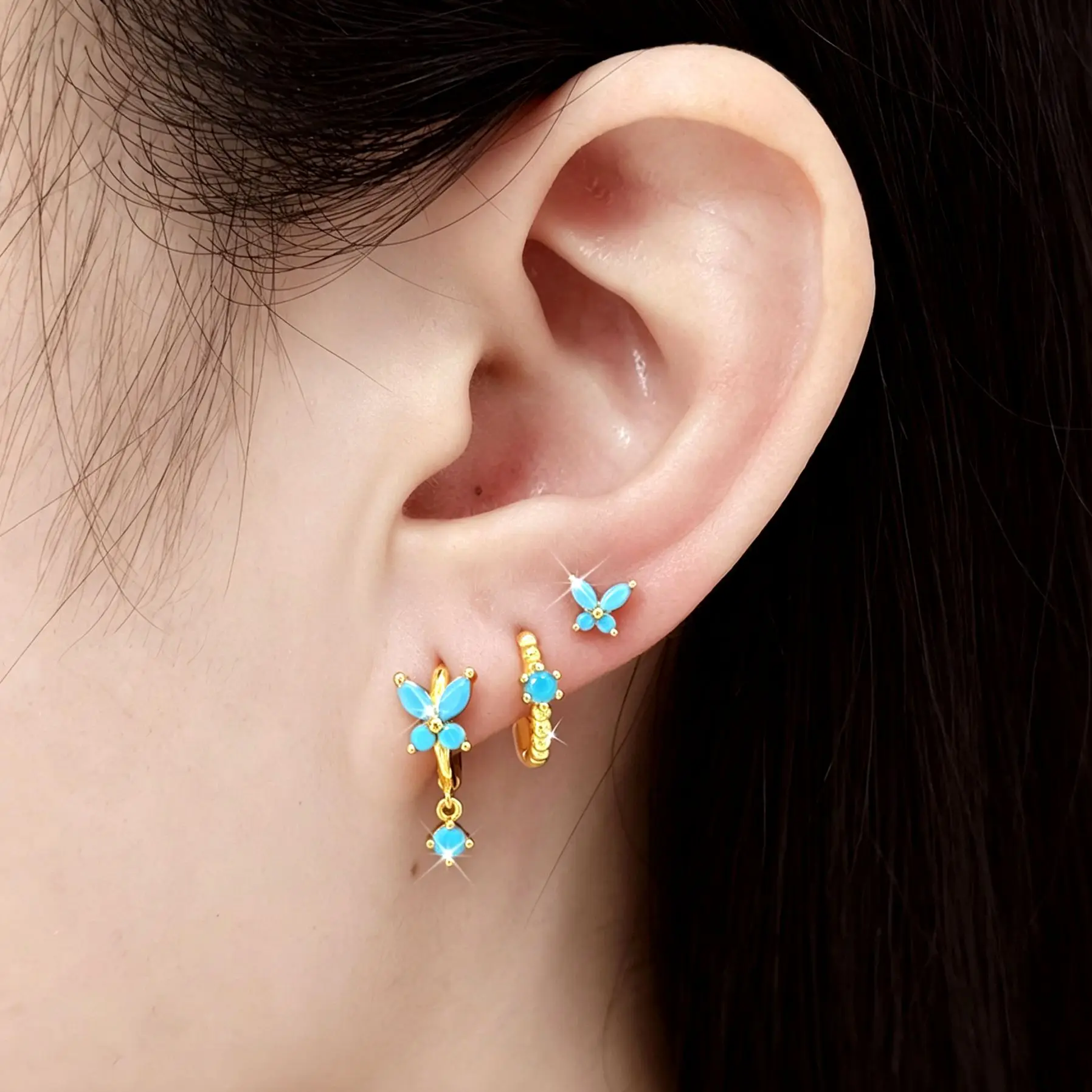 925 Sterling Silver Needle Fashion Turquoise Color Water Drop Pendant Earrings Small Hoop Earrings for Women Luxury Jewelry Gift
