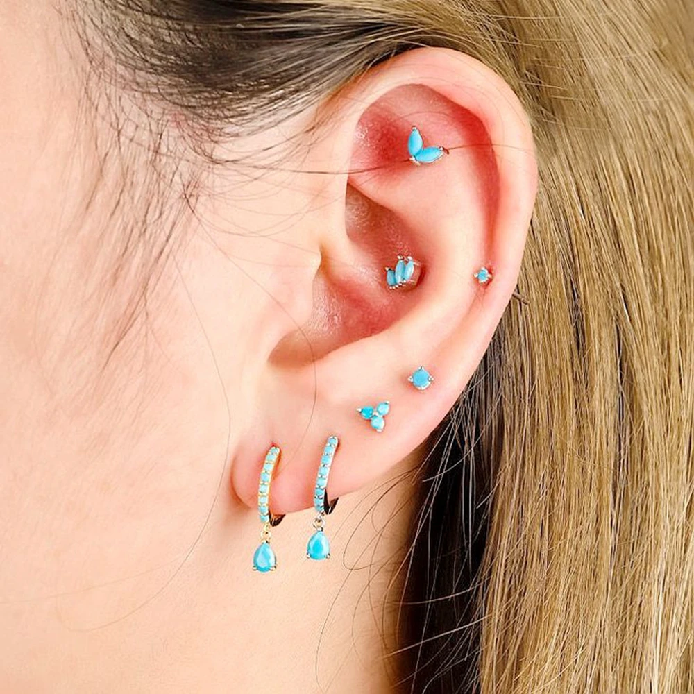 925 Sterling Silver Needle Fashion Turquoise Color Water Drop Pendant Earrings Small Hoop Earrings for Women Luxury Jewelry Gift