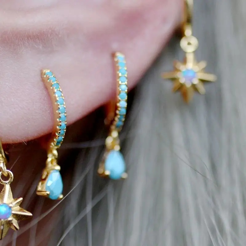925 Sterling Silver Needle Fashion Turquoise Color Water Drop Pendant Earrings Small Hoop Earrings for Women Luxury Jewelry Gift