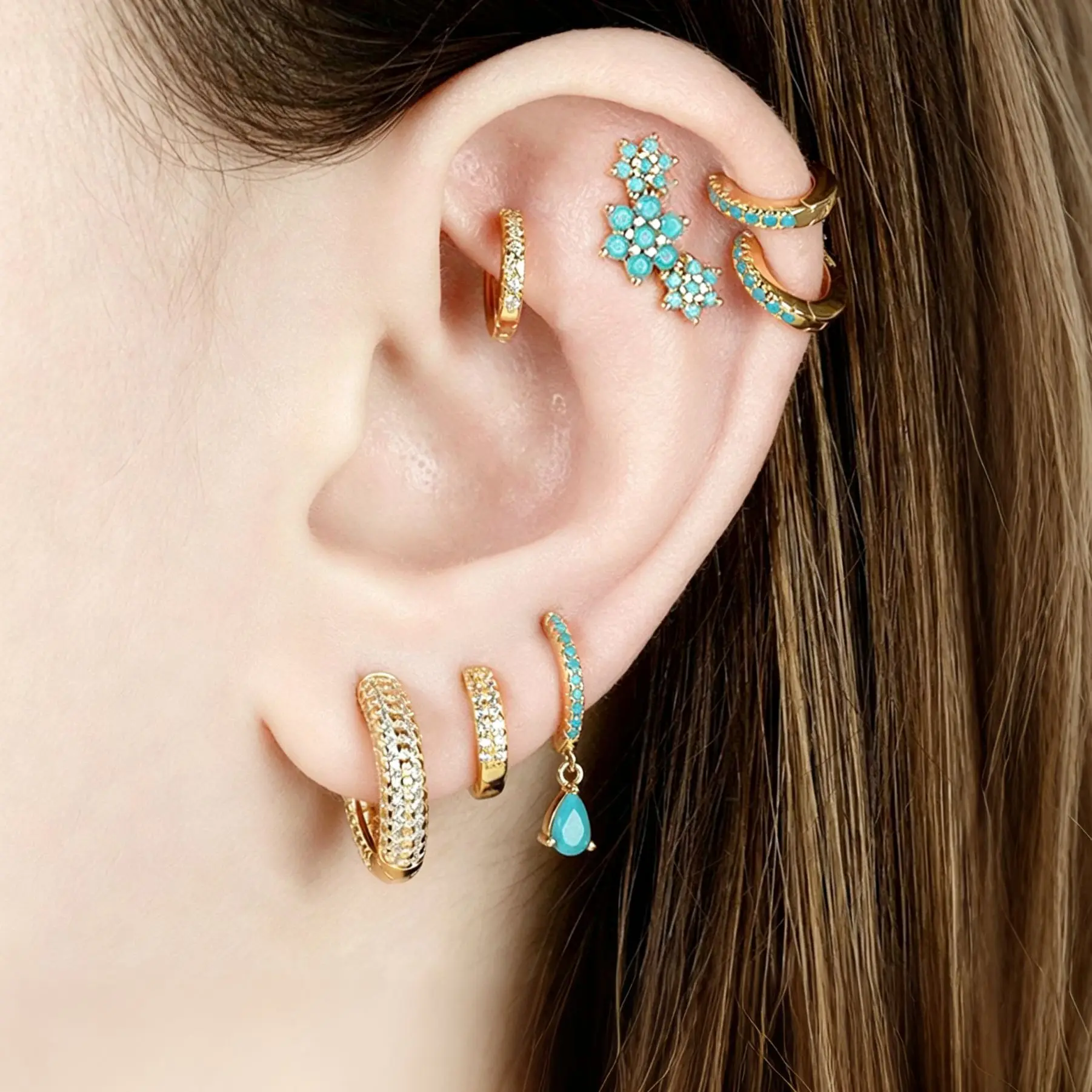 925 Sterling Silver Needle Fashion Turquoise Color Water Drop Pendant Earrings Small Hoop Earrings for Women Luxury Jewelry Gift