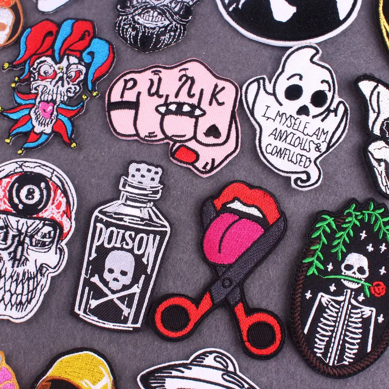 Punk Patch For Clothing Thermoadhesive Patches Diy Skull Embroidery Patch Iron On Patches On Clothes Stickers DIY Applique