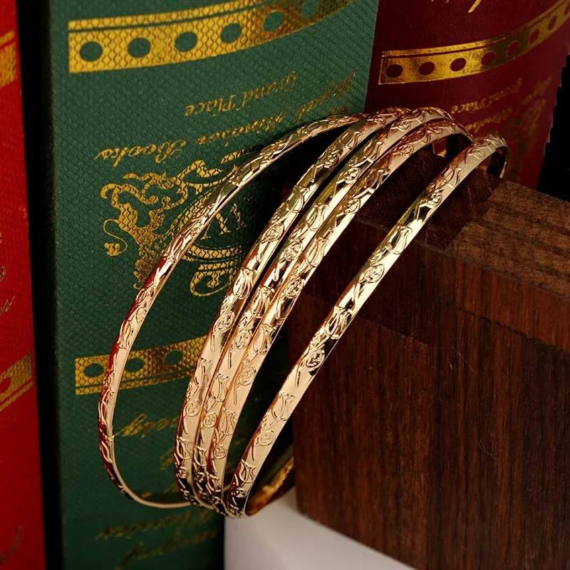 Herseygold Slim Metal Bangles Gold Plated Carved Flower Layered Cuff Bracelet Luxury Bride Jewelry Ethnic Mother Day Gift