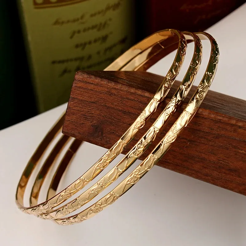 Herseygold Slim Metal Bangles Gold Plated Carved Flower Layered Cuff Bracelet Luxury Bride Jewelry Ethnic Mother Day Gift