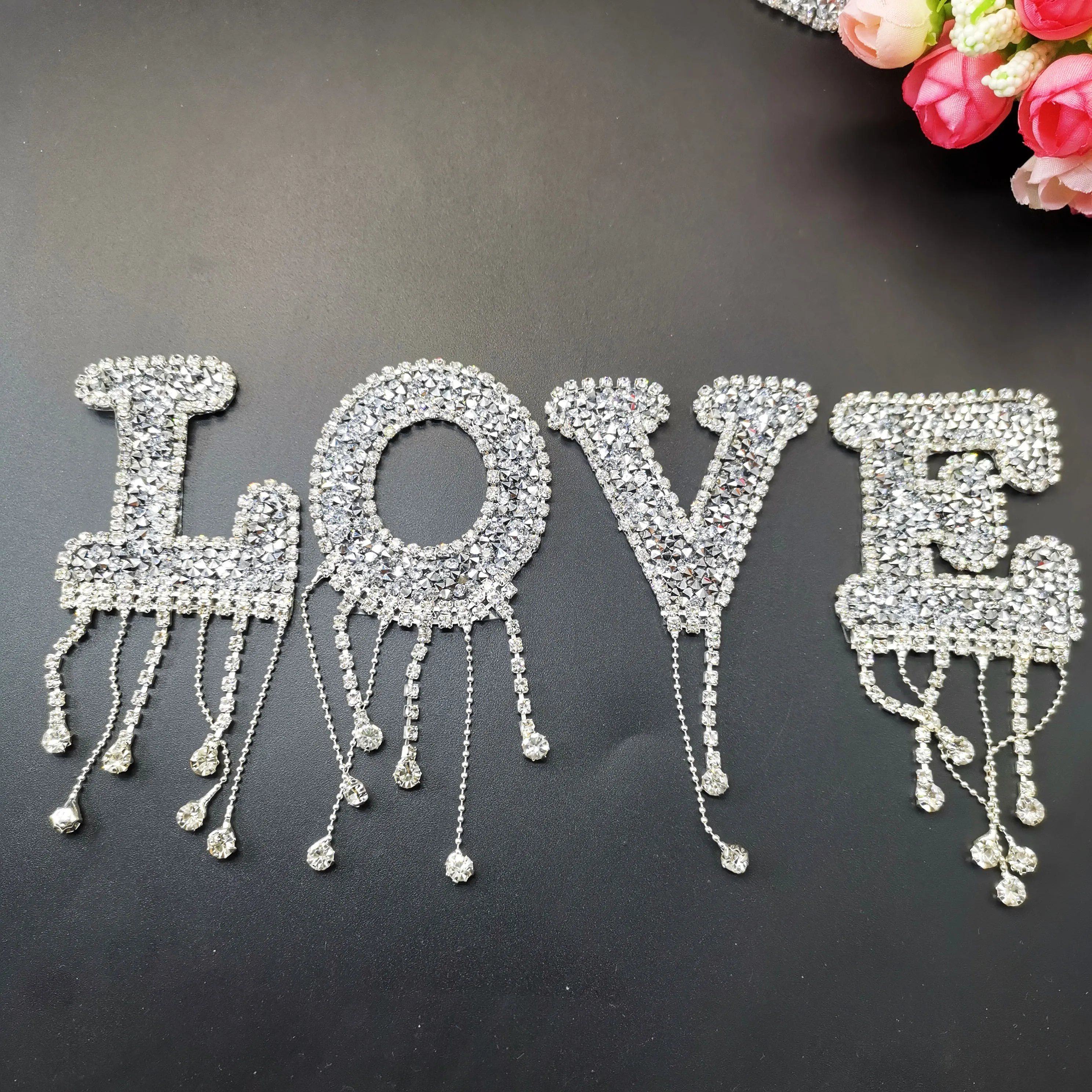 Iron on Clothes A-Z 26pc Rhinestones Letters Patches for Clothing Tassel Embroidered Appliques Sticker Stripes Badge Diy Craft