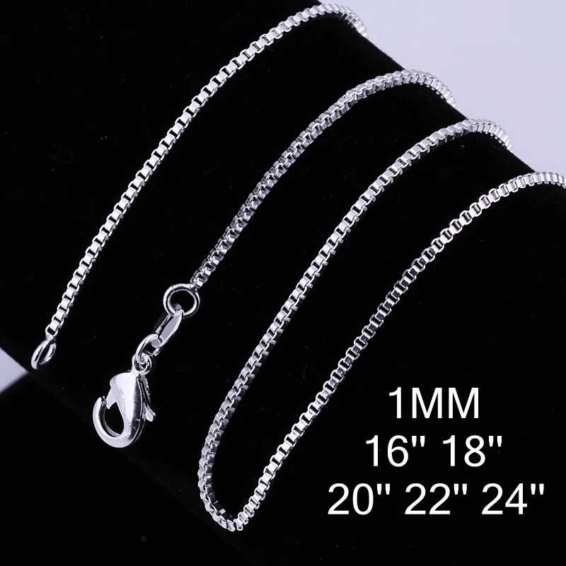 10pcs 16-24inch 925 Sterling Silver fashion 1MM Box chain for women Men necklace Charms wedding party jewelry Christmas gifts
