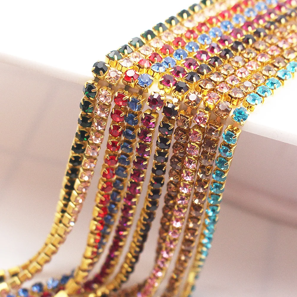 1 Yard Rhinestones Chain SS6- SS12 Gold Base Shine Crystals Stones Glue On Rhinestone Chain for Clothes Needlework Gems Crafts