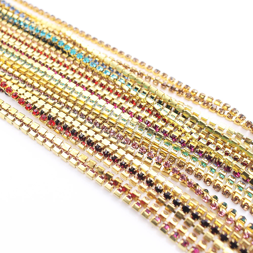 1 Yard Rhinestones Chain SS6- SS12 Gold Base Shine Crystals Stones Glue On Rhinestone Chain for Clothes Needlework Gems Crafts