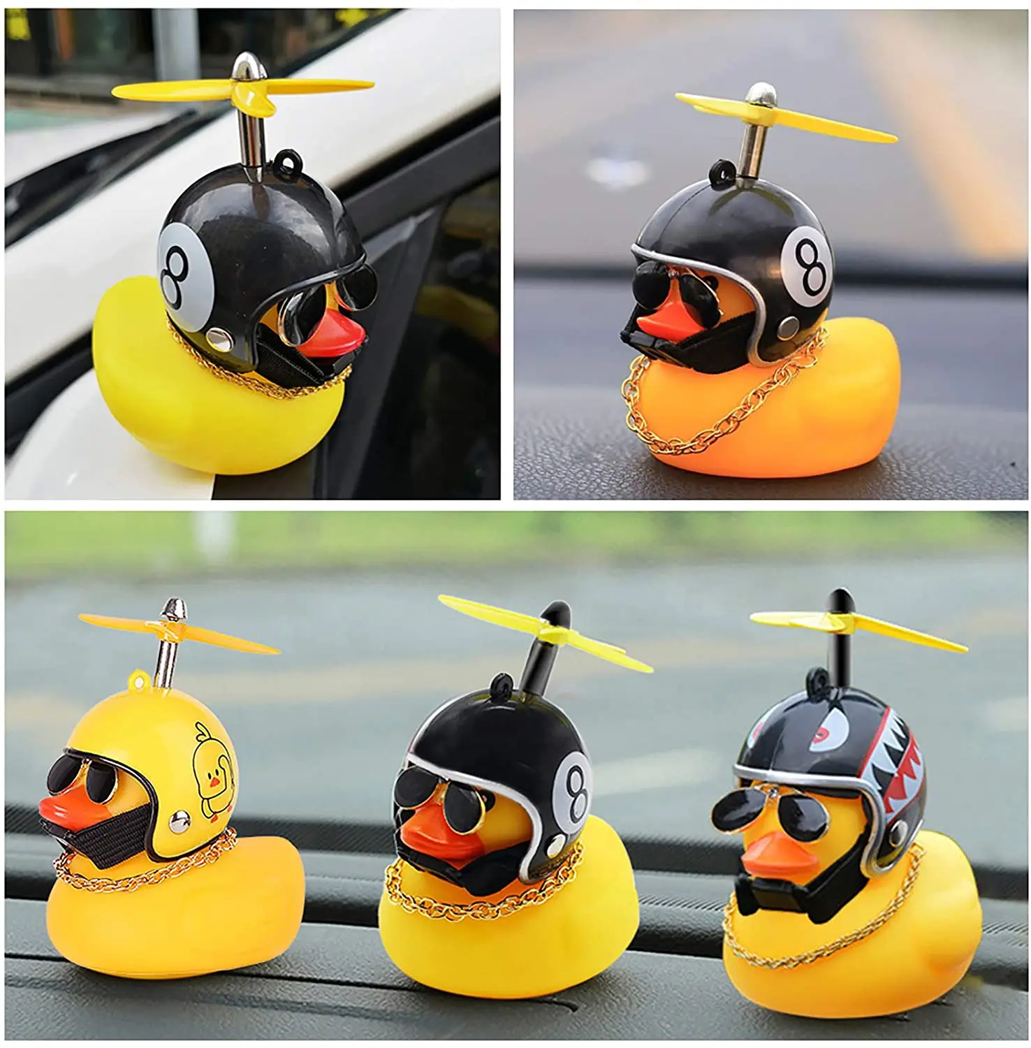 Rubber Duck Toy Car Ornaments Yellow Duck Car Dashboard Decorations Cool Glasses Duck with Propeller Helmet