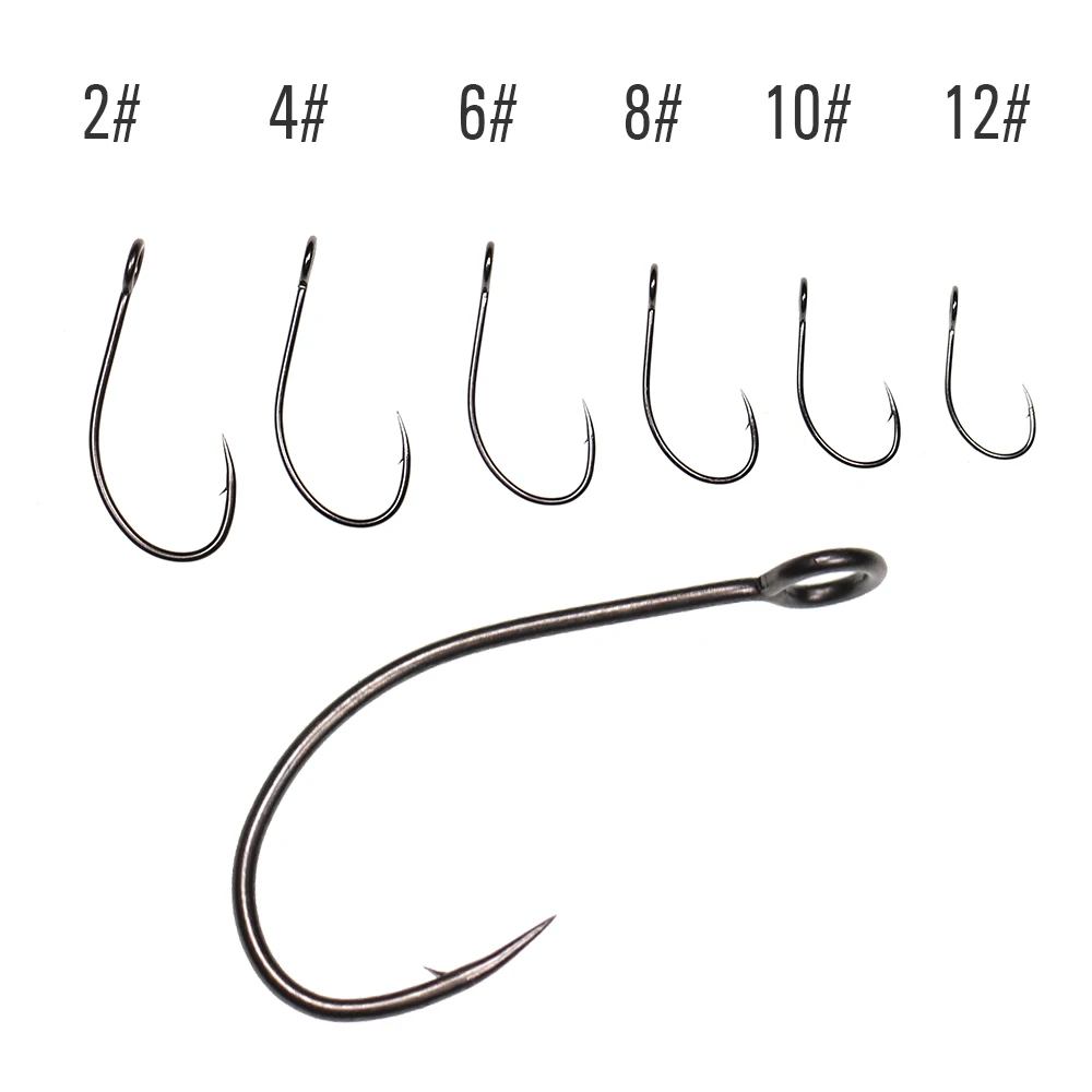 WIFREO 30pcs Carbon Steel Fishing Hook Big Eye Single Hook Fly Fishing Hooks Barbed Spoon Lure Hook Size 2 4 6 8 10 12