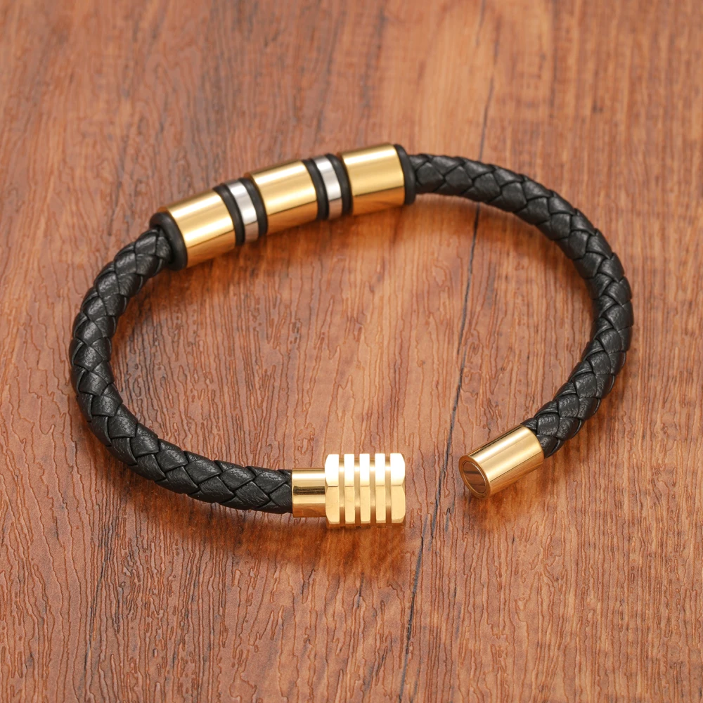 Simple Charm Braided Leather Stainless Steel Black Beaded Single Layer Chakra Bracelet Men's Couple Jewelry Gift
