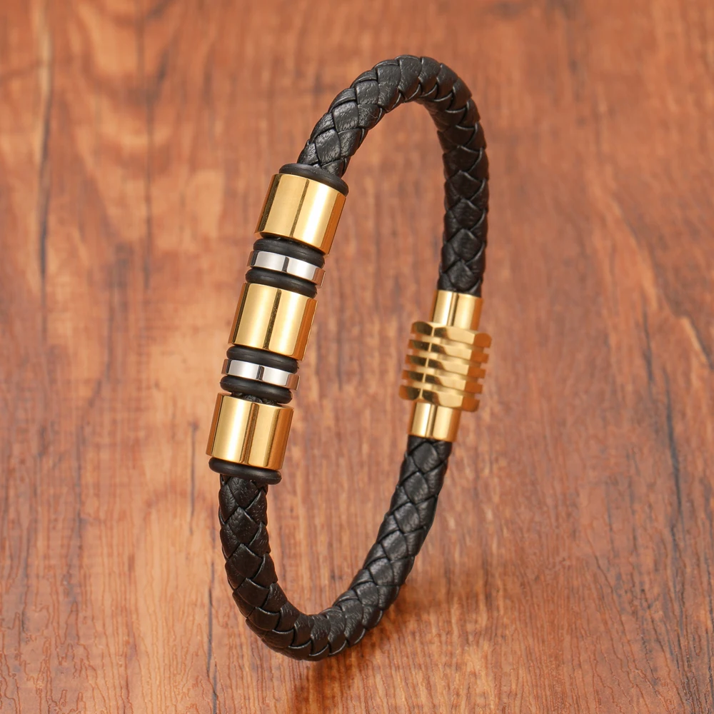 Simple Charm Braided Leather Stainless Steel Black Beaded Single Layer Chakra Bracelet Men's Couple Jewelry Gift