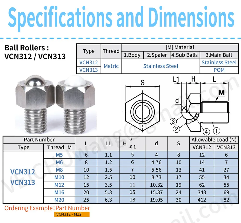 VEICHU Roller Plungers Bolts-Type VCN312/VCN313 POM Ball Stainless Steel Hex Head Conveyor Ball Rollers