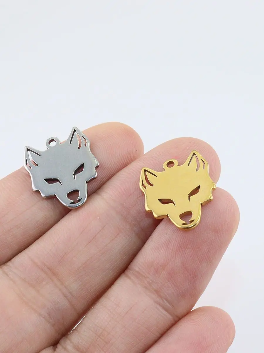 10pcs 20mm Wholesale Stainless Steel Wolf Head Charms Pendant DIY Necklace Earrings Bracelets Unfading Colorless 2 Colors