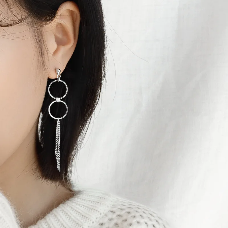 CIAXY Silver Color Asymmetrical  Earrings for Women Geometric Round Pendant Ear Line Earring Punk Hip Hop  Jewelry