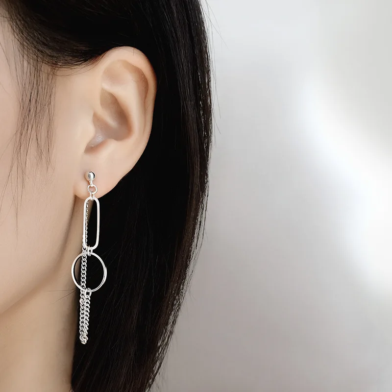 CIAXY Silver Color Asymmetrical  Earrings for Women Geometric Round Pendant Ear Line Earring Punk Hip Hop  Jewelry