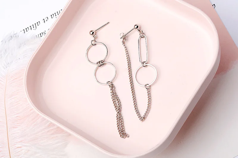 CIAXY Silver Color Asymmetrical  Earrings for Women Geometric Round Pendant Ear Line Earring Punk Hip Hop  Jewelry