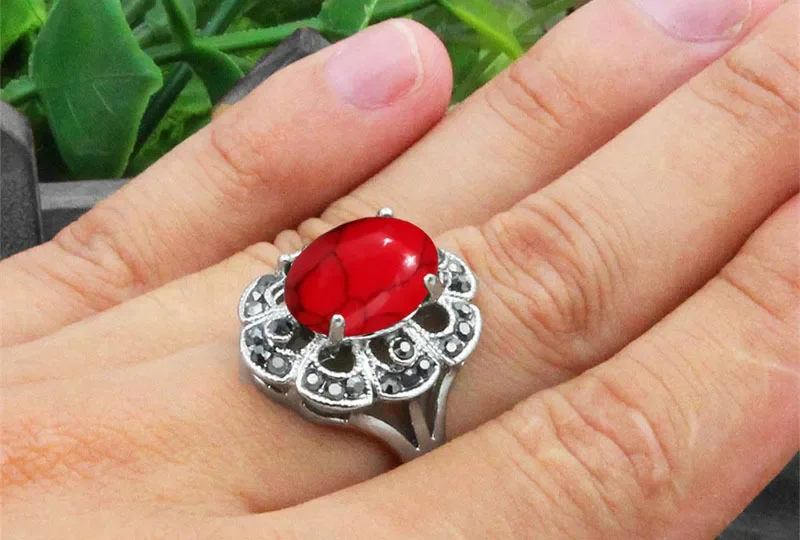 Vintage Oval Synthetic Turquoises Flower Jewelry Sets For Women Plant Rhinestone Fashion Necklace Earring Ring Women Set