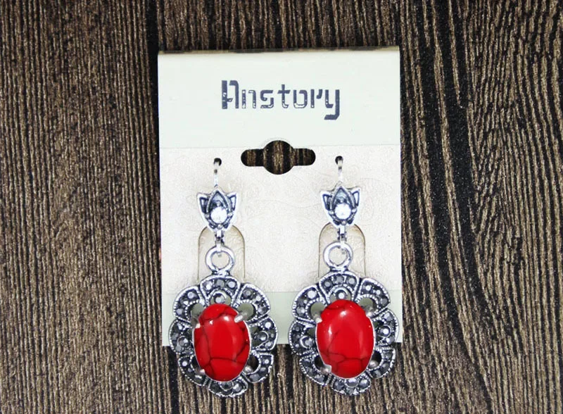 Vintage Oval Synthetic Turquoises Flower Jewelry Sets For Women Plant Rhinestone Fashion Necklace Earring Ring Women Set