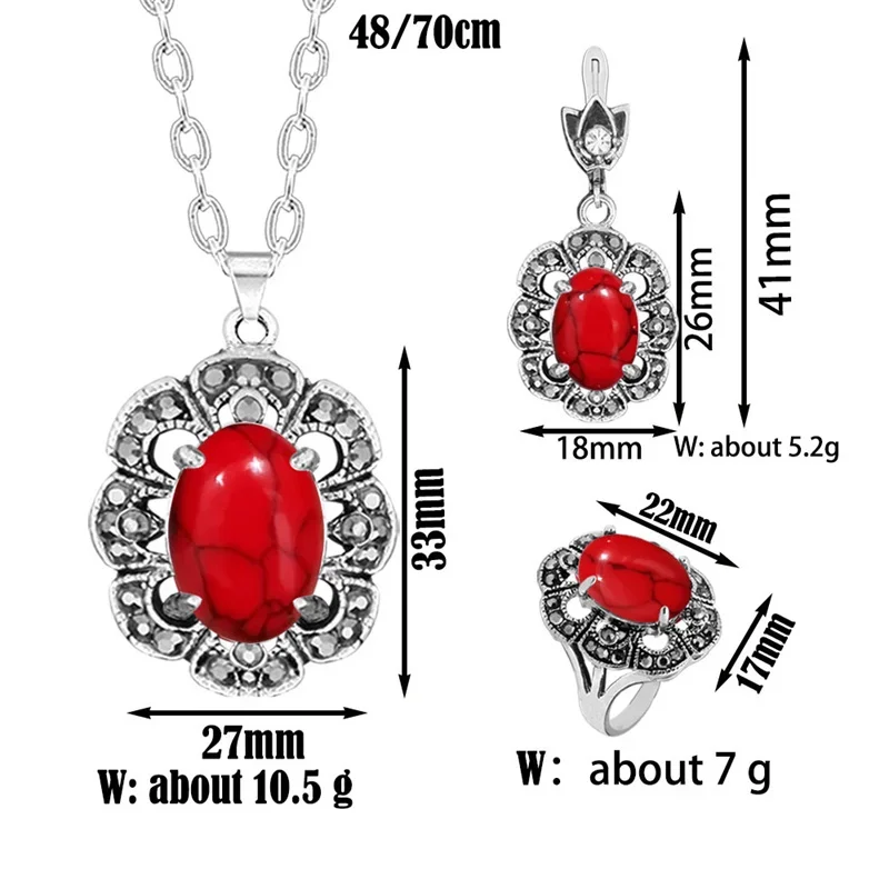 Vintage Oval Synthetic Turquoises Flower Jewelry Sets For Women Plant Rhinestone Fashion Necklace Earring Ring Women Set
