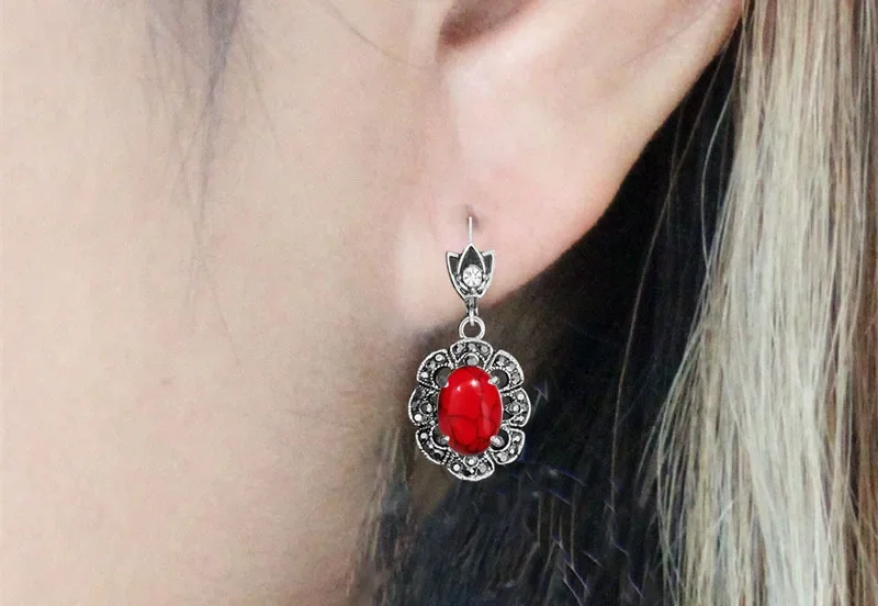 Vintage Oval Synthetic Turquoises Flower Jewelry Sets For Women Plant Rhinestone Fashion Necklace Earring Ring Women Set